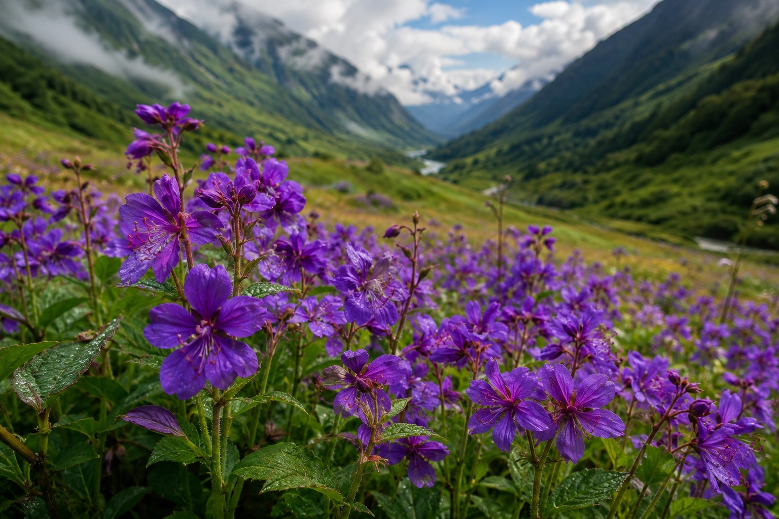 Purple flowers blooming in Valley of Flowers National Park Uttarakhand