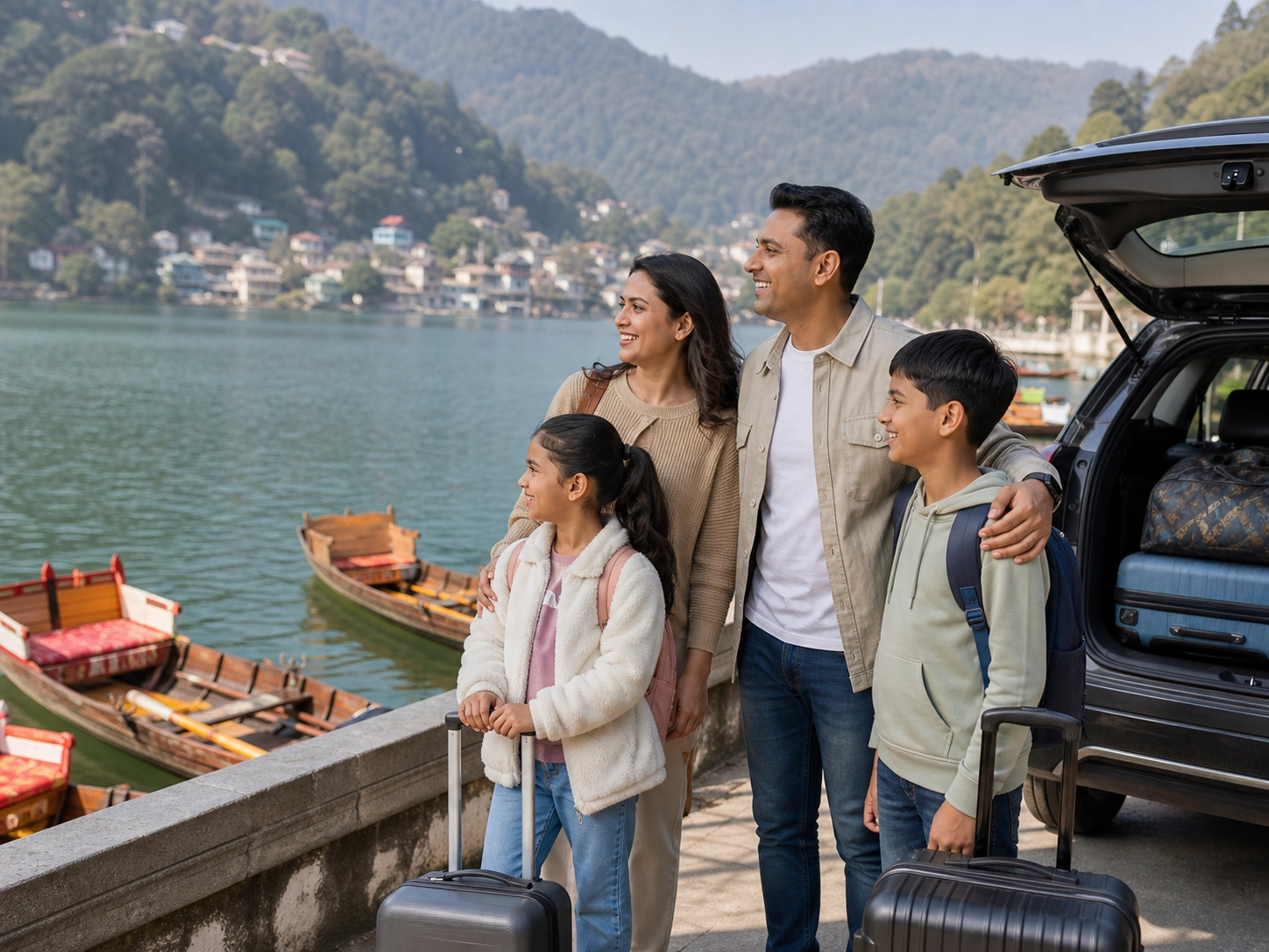 Family boating at Naini Lake with hills in Nainital