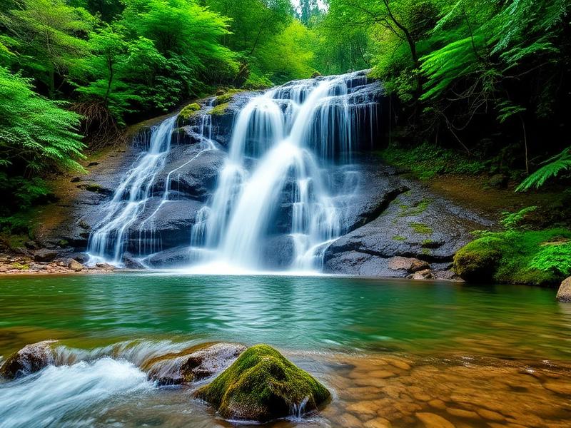 Bhalu Gaad Waterfall cascading through green forest in Mukteshwar
