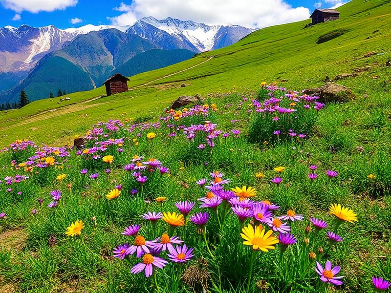 Colorful wildflowers blooming on hillside with Himalayan mountains