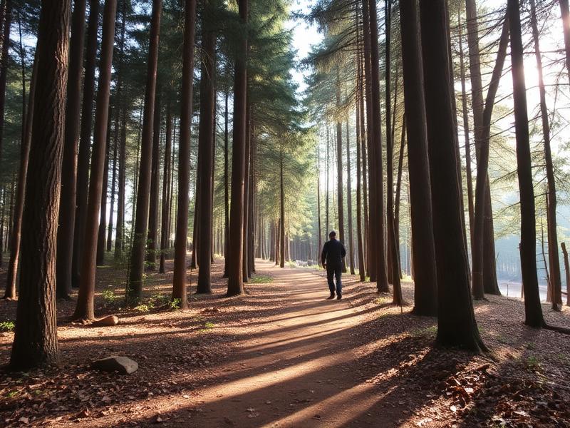 Person walking through tall pine forest trail near Mukteshwar