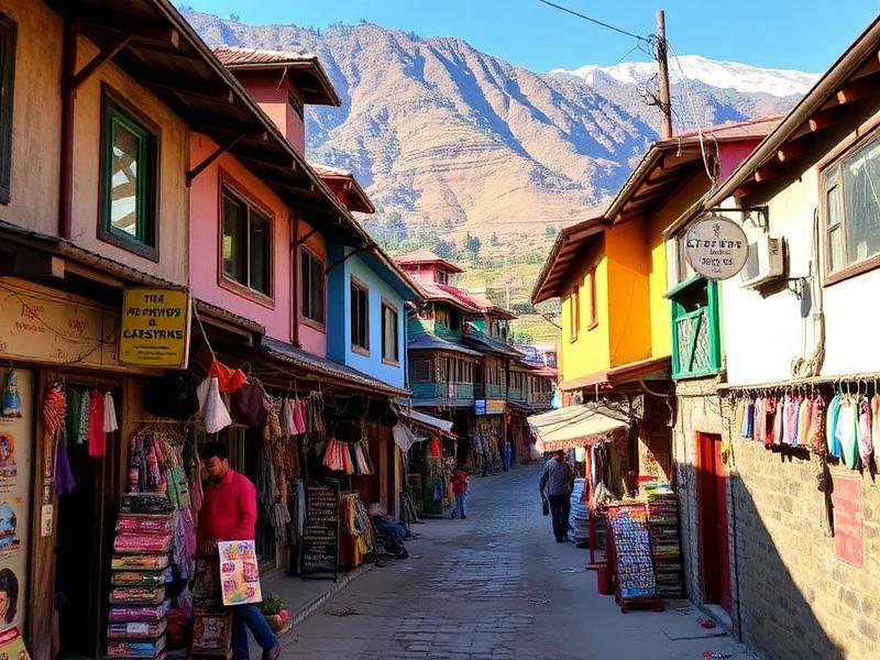 Colorful local market with shops and Himalayan backdrop in Mukteshwar