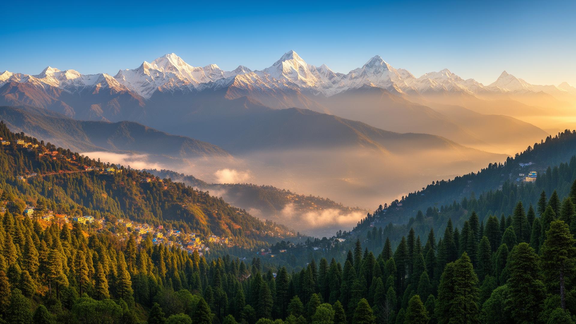 Panoramic view of Mukteshwar hill station with snow-capped Himalayan peaks and lush pine forests