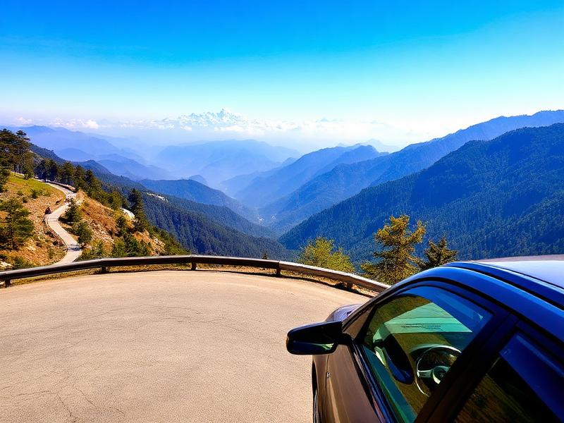 Car parked at scenic roadside viewpoint overlooking Himalayan valley