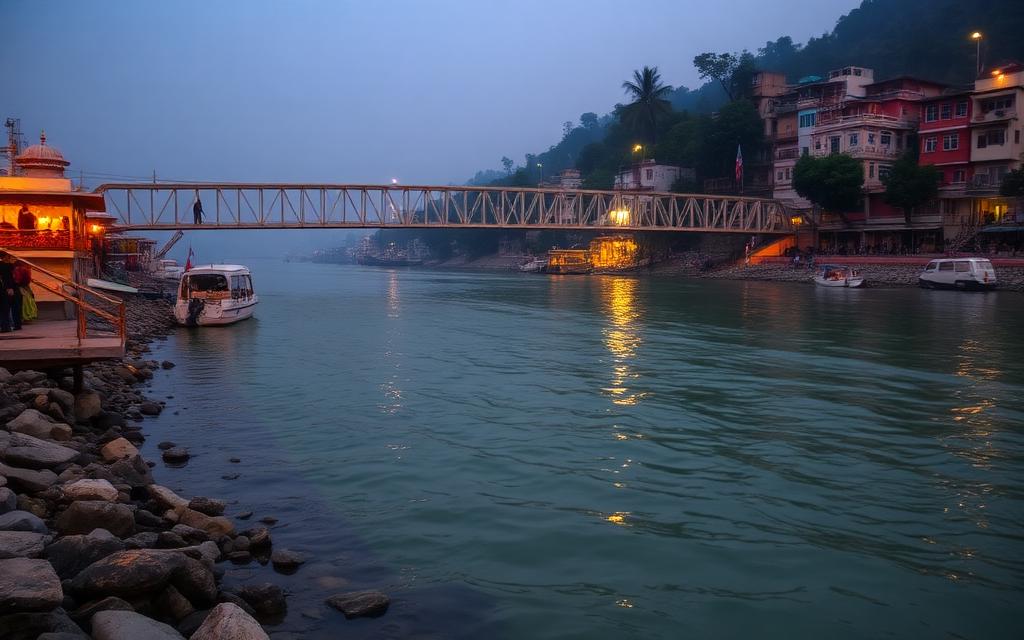 Rishikesh Ganga river in April with rafting boats and clear spring weather