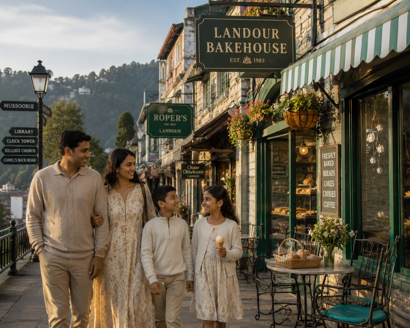 Family with kids enjoying Landour bakery on Uttarakhand holiday