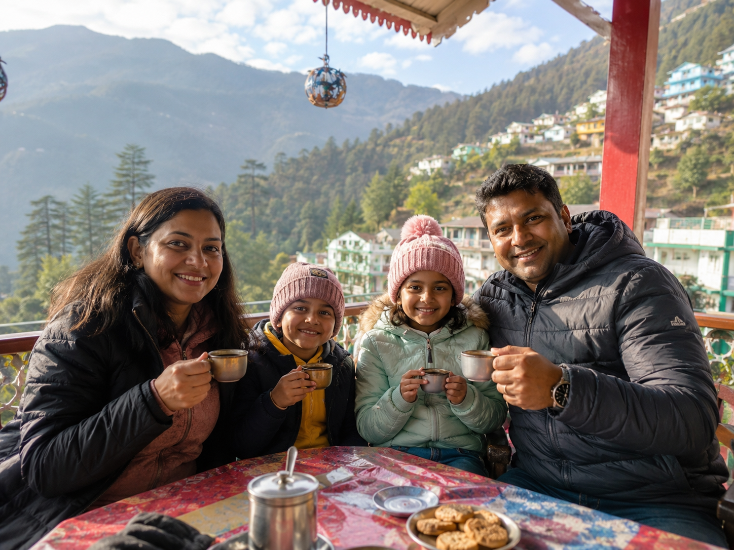 Family enjoying local tea during Uttarakhand family holiday