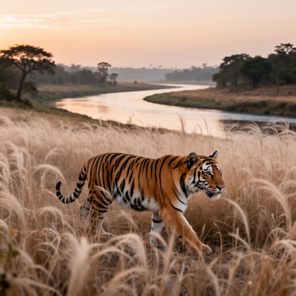Bengal tiger walking through tall grass at Jim Corbett National Park
