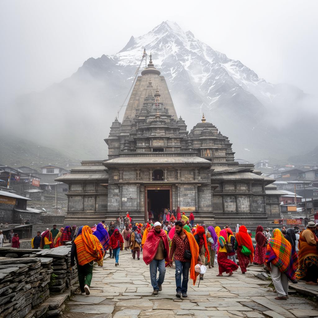 Kedarnath temple in June mist with snow peak behind