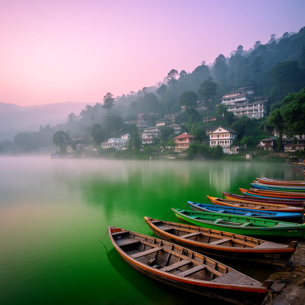 Nainital lake at dawn with wooden rowboats in June mist