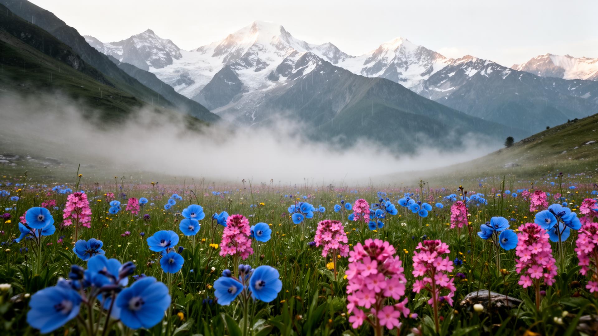Valley of Flowers in August with monsoon blooms