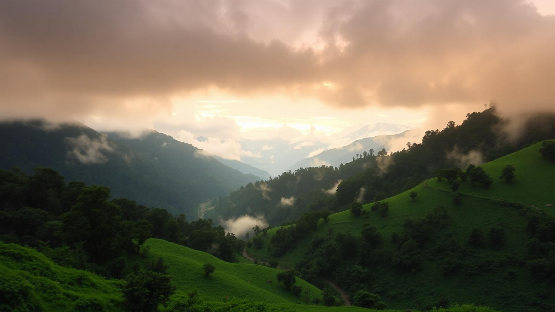 Misty Himalayan valley in Uttarakhand during July monsoon